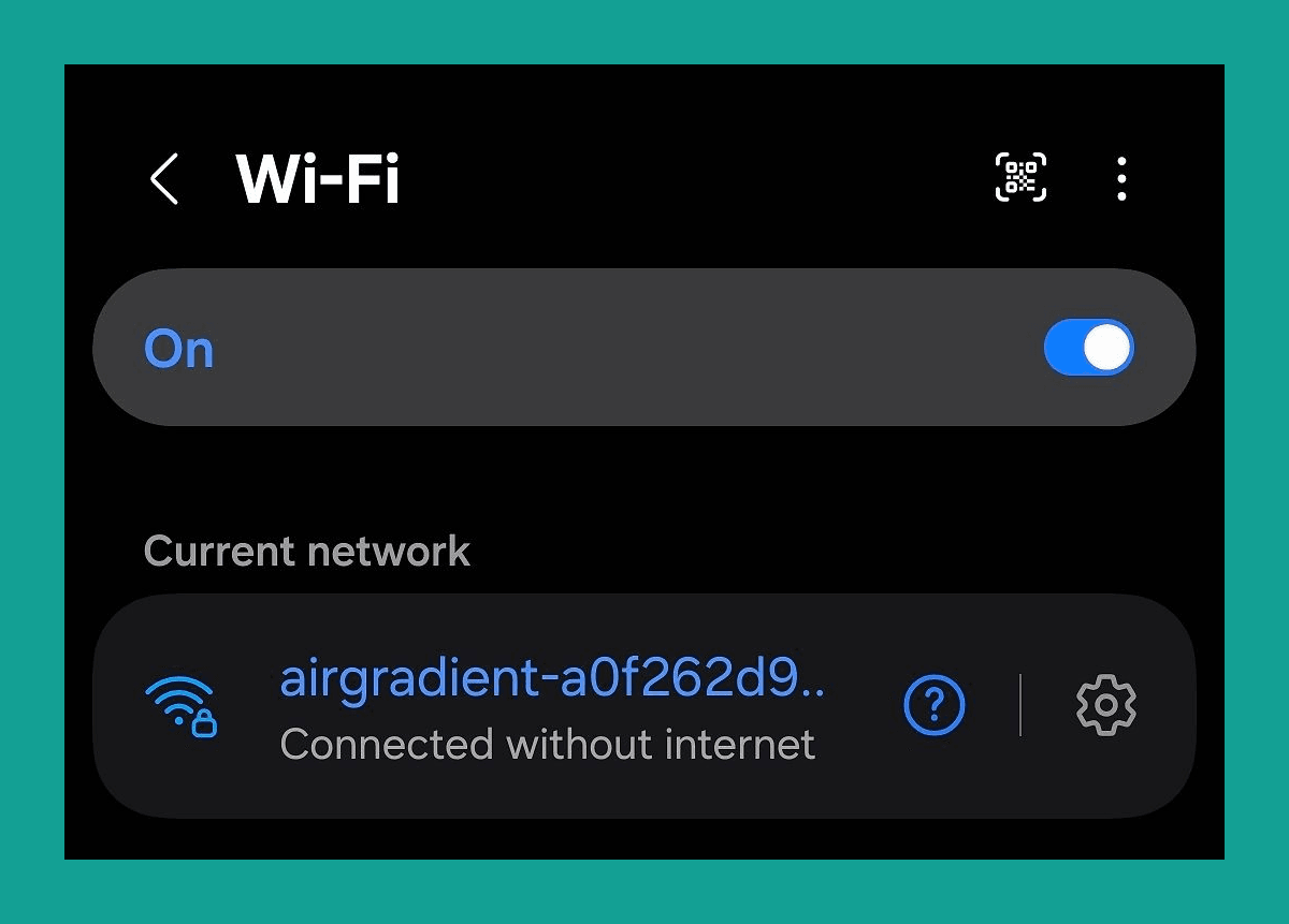 Android Wi-Fi settings screen connected to the airgradient device access point, showing connected without internet