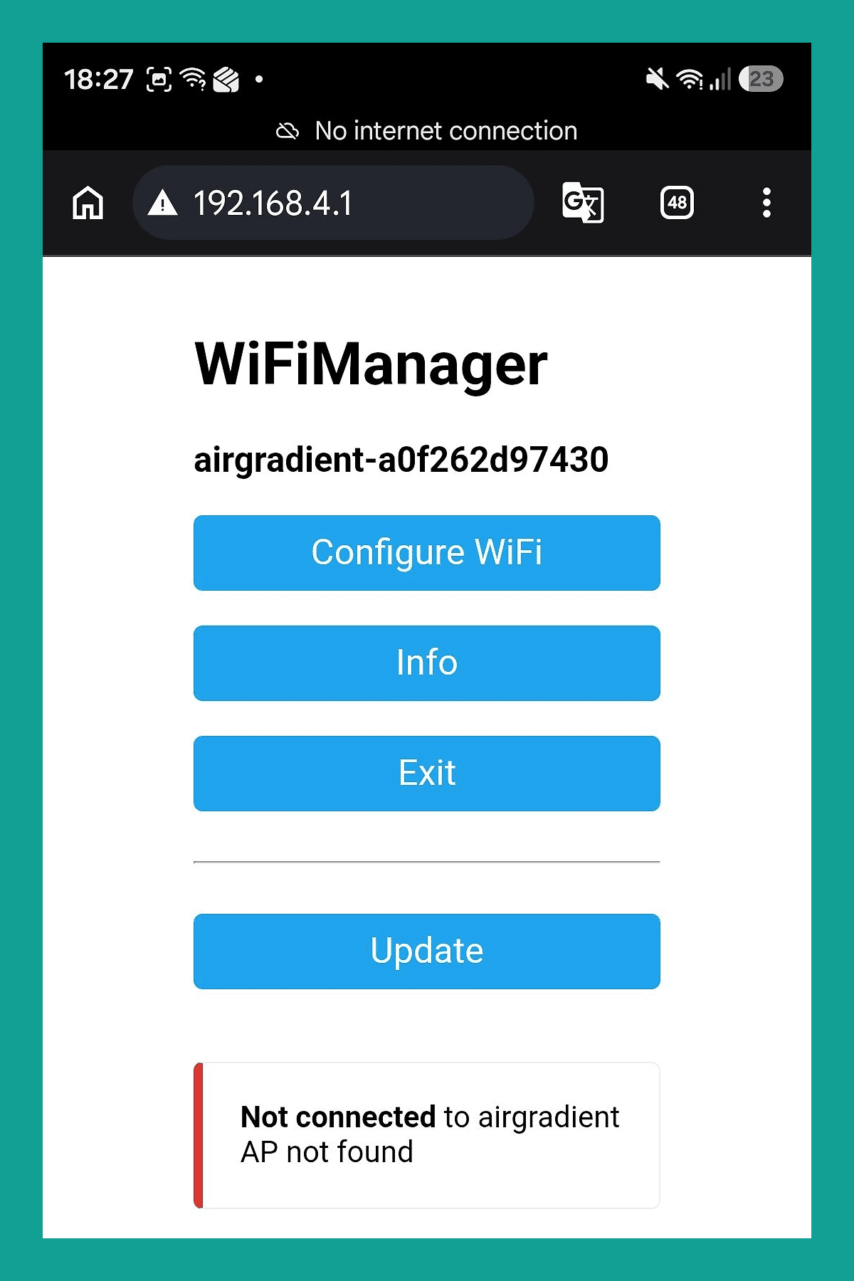 WiFiManager captive portal page on 192.168.4.1 with Configure WiFi, Info, Exit and Update buttons