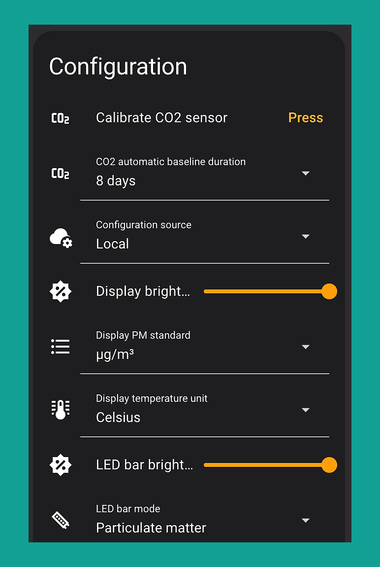 Home Assistant device configuration screen for the AirGradient monitor showing CO2 calibration, display and LED bar settings