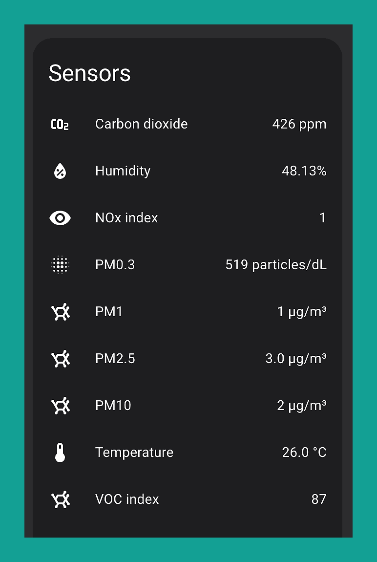 Home Assistant sensor list for the AirGradient device showing CO2, humidity, NOx, PM readings, temperature and VOC index