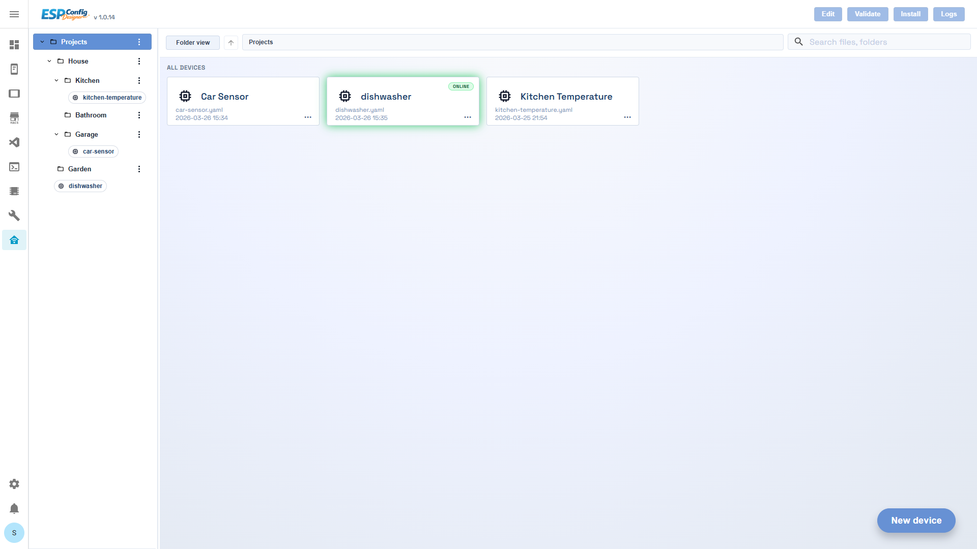 ESPConfig Designer dashboard showing project cards and folder tree