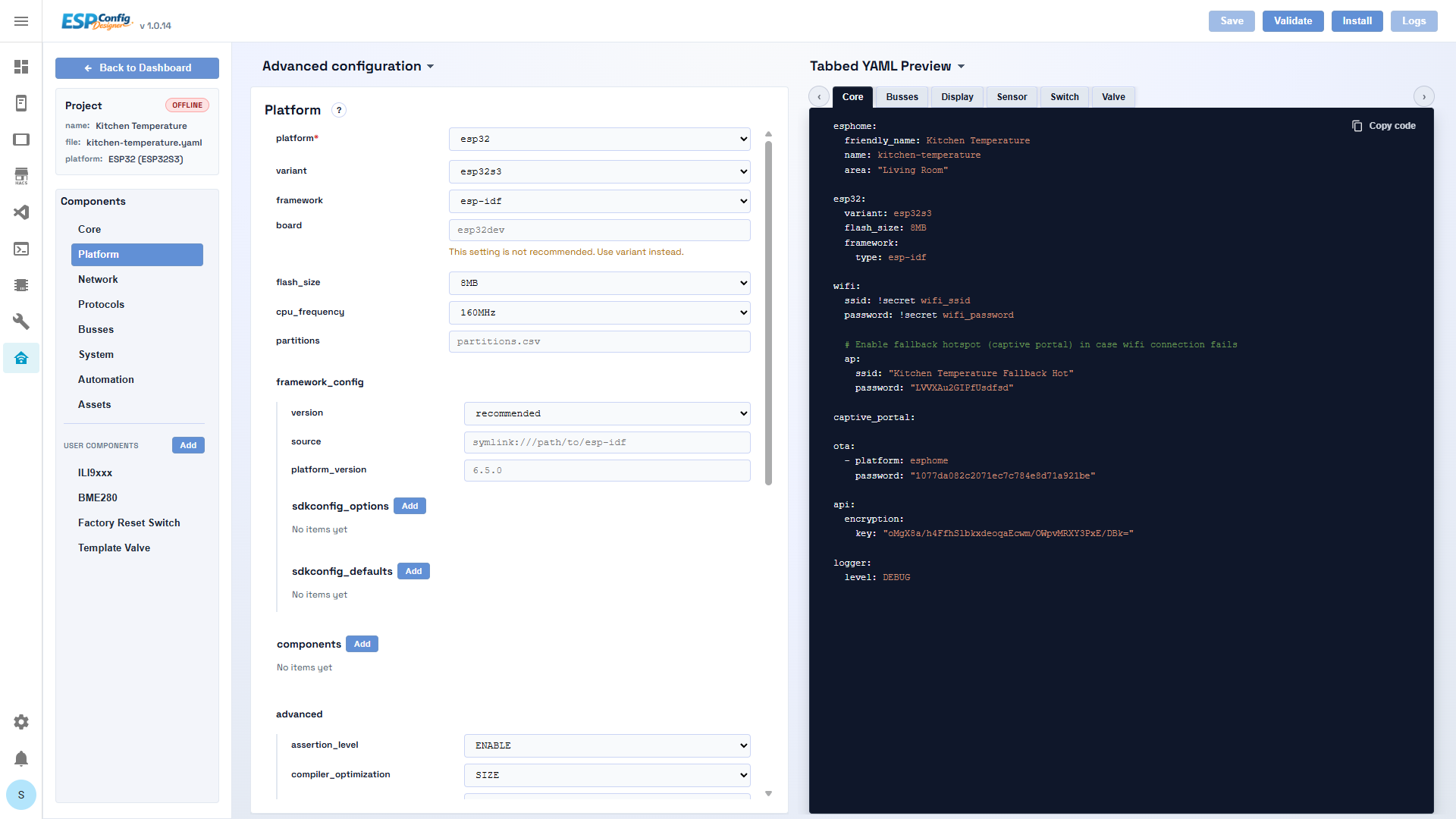 ESPConfig Designer Builder showing schema-driven form fields and live YAML preview