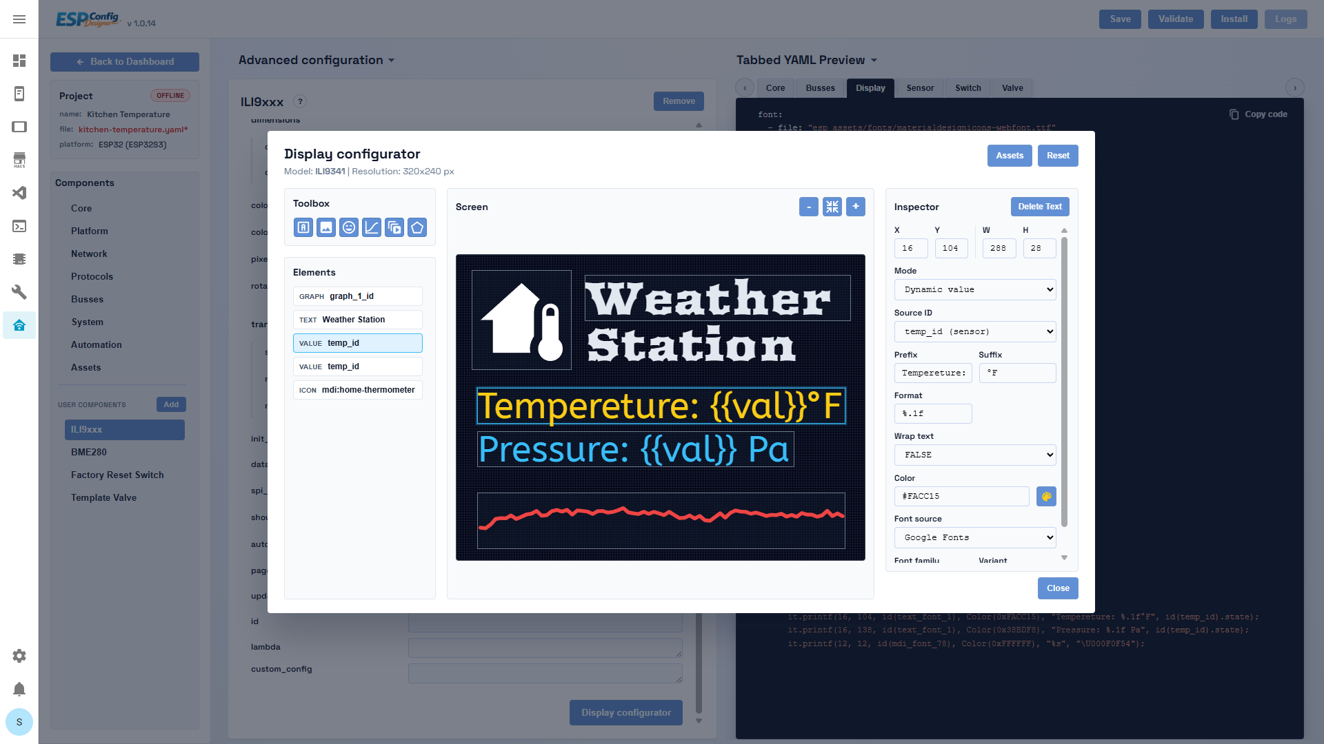 ESPConfig Designer Display Configurator showing a weather station canvas layout