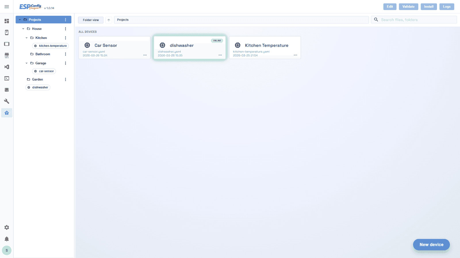ESPConfig Designer Dashboard with the full sidebar navigation and folder tree of House, Kitchen, Garage and Garden projects visible