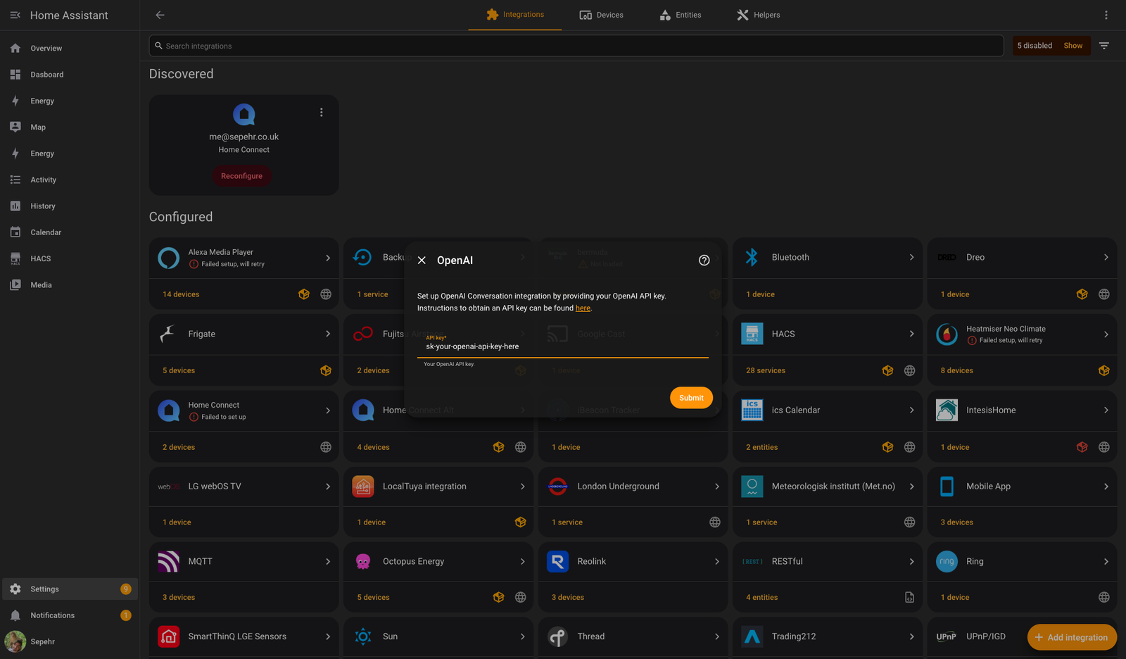 Home Assistant OpenAI Conversation integration setup dialog asking for an API key