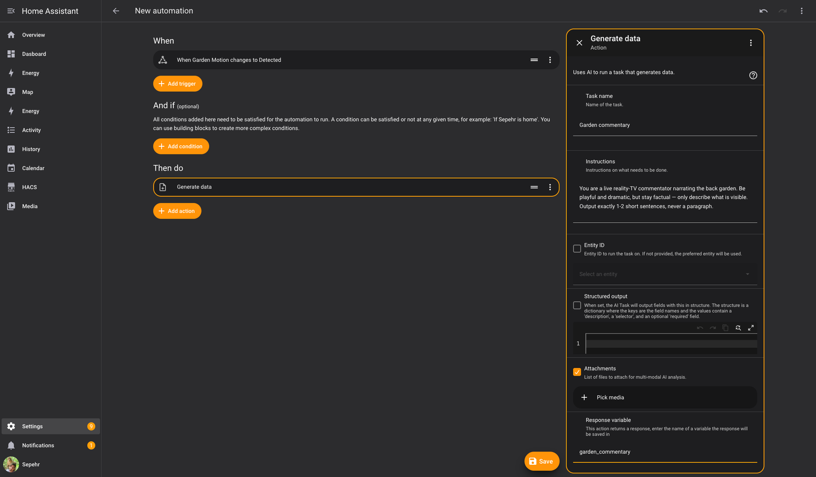 Home Assistant Generate data AI Task action configured with a reality-TV commentator prompt and camera snapshot attachment
