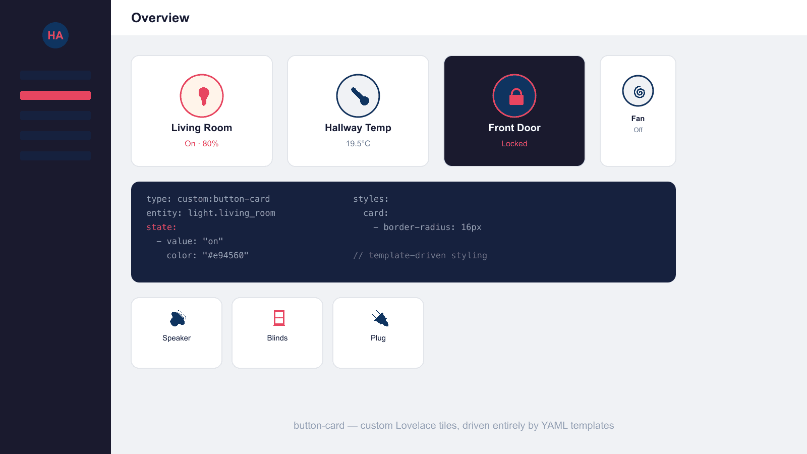 Home Assistant dashboard with button-card tiles for Living Room, Hallway Temp, Front Door and Fan, alongside the underlying YAML showing a state-driven colour and border-radius style block