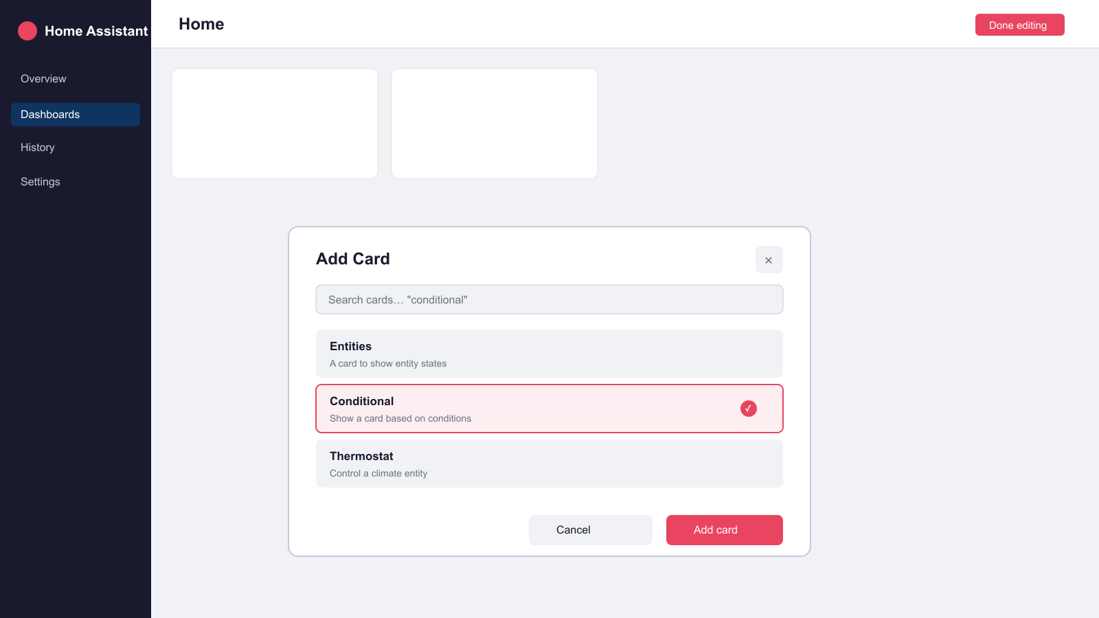 Home Assistant Add Card dialog with the Conditional card option selected in the dashboard editor