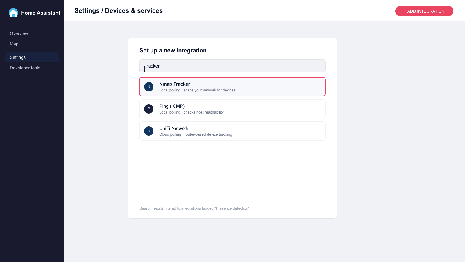 Home Assistant Add Integration search results showing Nmap Tracker, Ping (ICMP), and UniFi Network presence-detection integrations