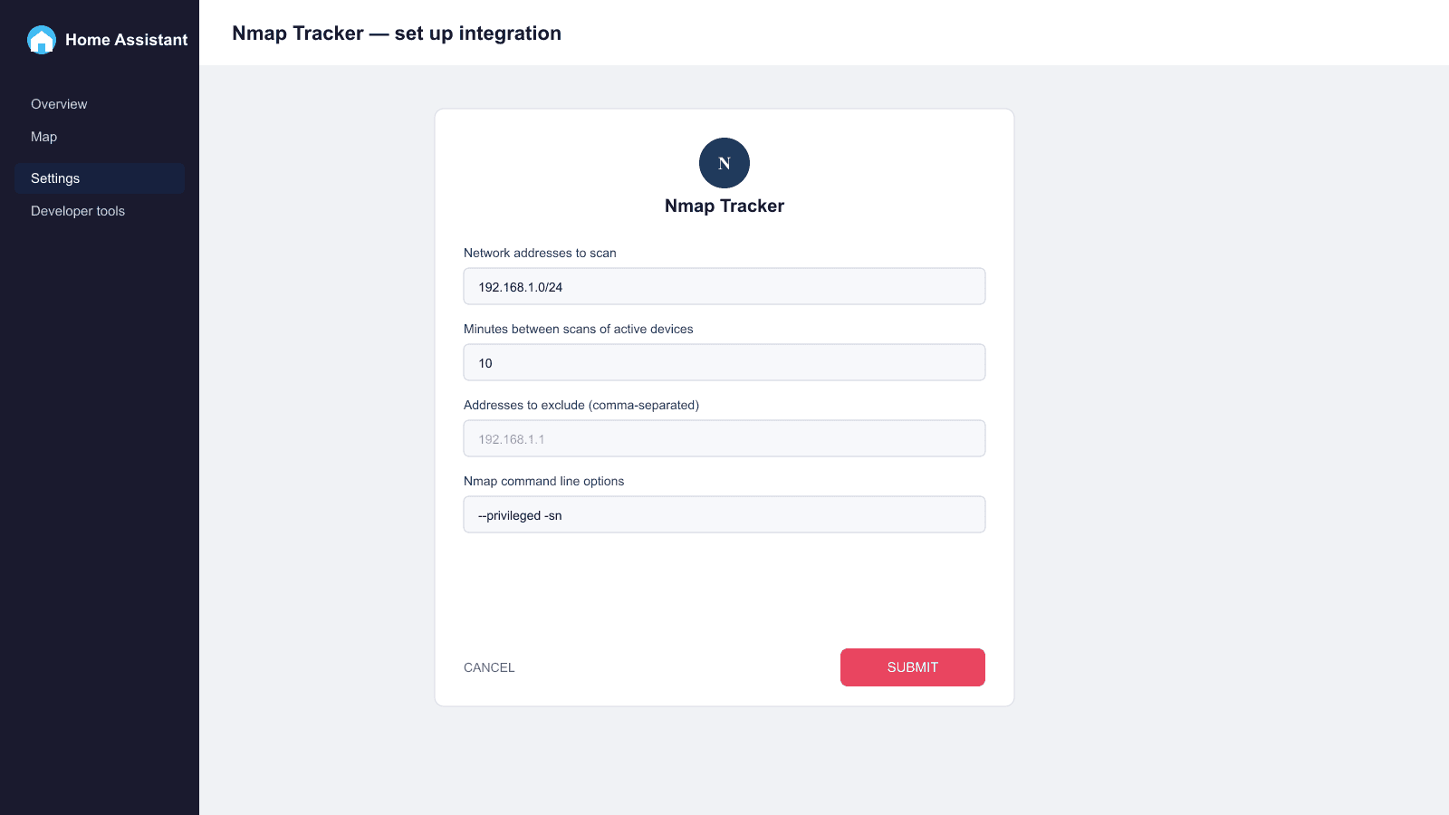 Home Assistant Nmap Tracker configuration dialog with network address, scan interval, exclusions, and command line option fields