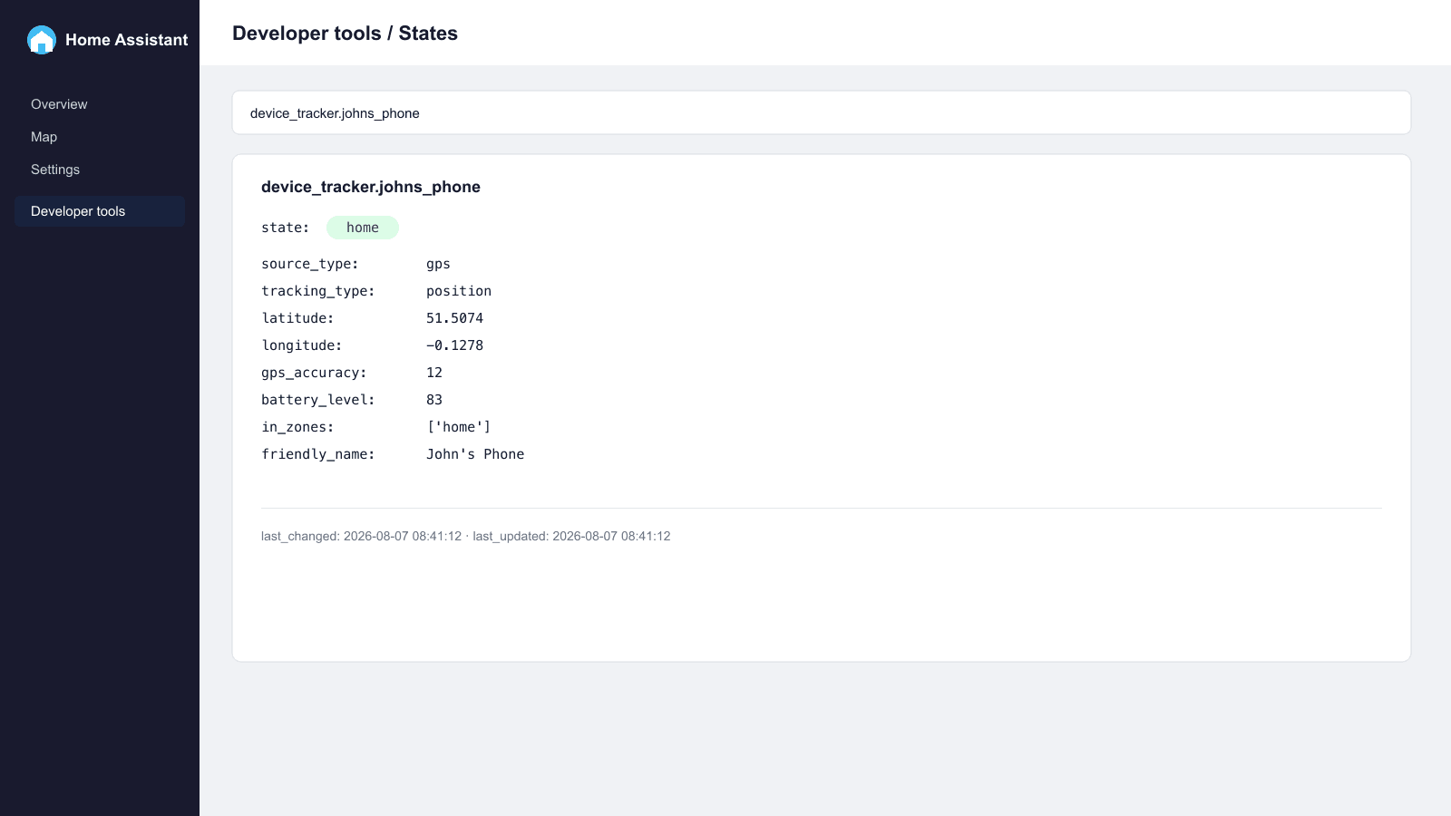 Home Assistant Developer Tools States page showing a device_tracker entity with state home and attributes including source_type gps, tracking_type position, and gps_accuracy