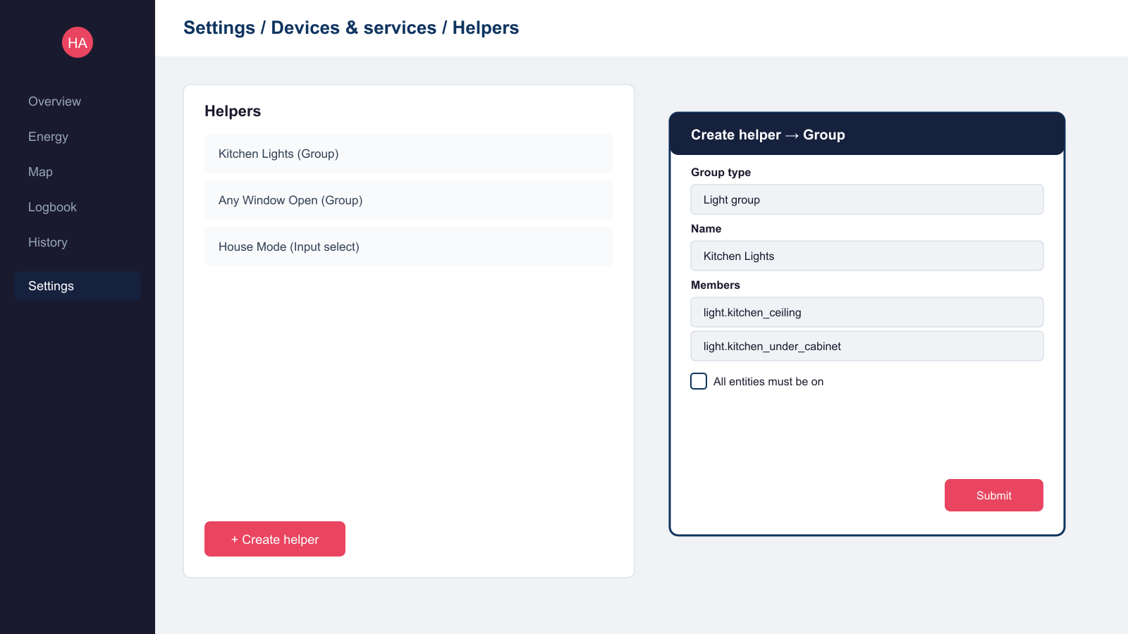 Home Assistant Helpers screen showing the Create helper Group dialog for a light group named Kitchen Lights