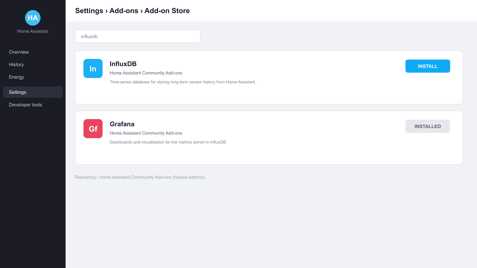 Home Assistant Add-on Store screen showing the InfluxDB and Grafana community add-ons ready to install