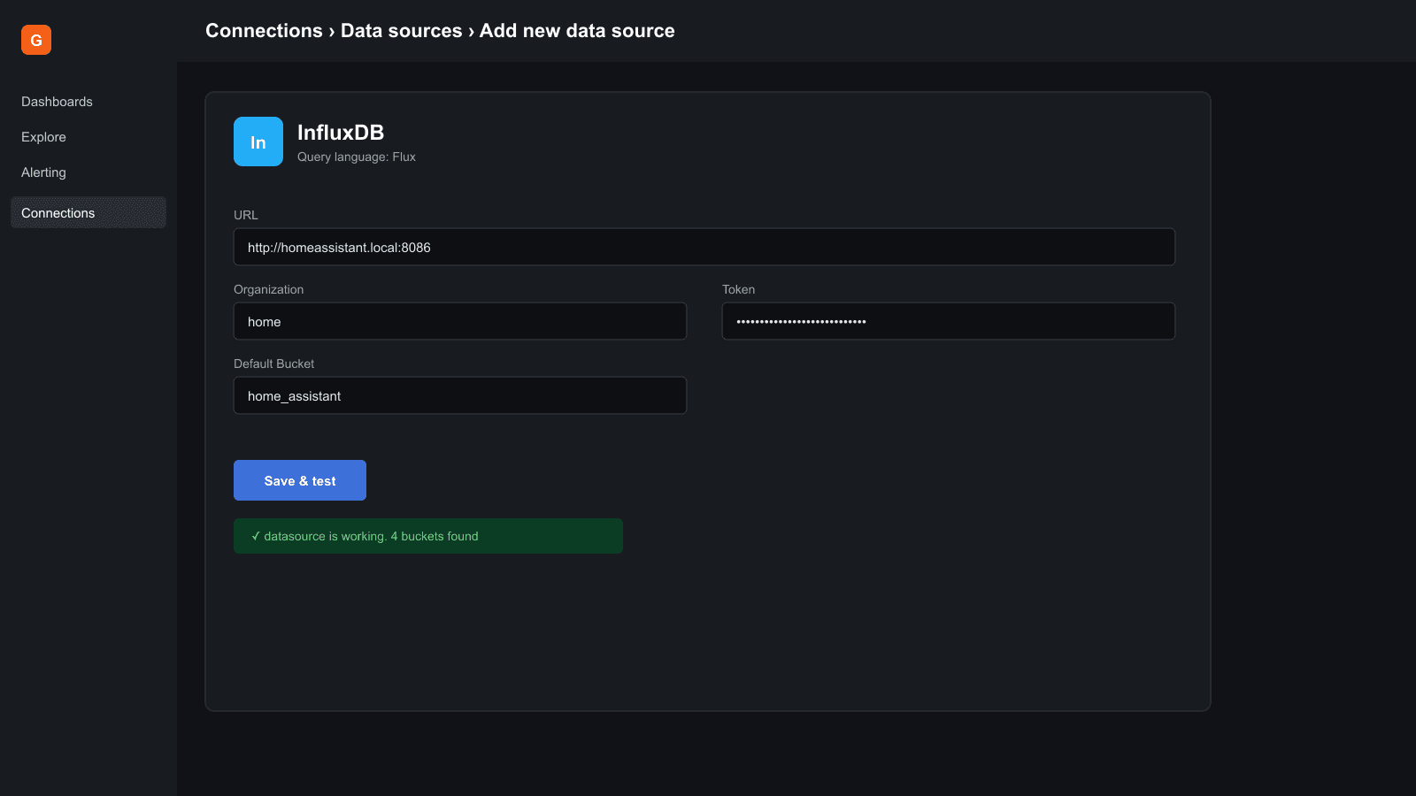 Grafana Add data source screen configured for InfluxDB with URL, organization, token and default bucket fields filled in