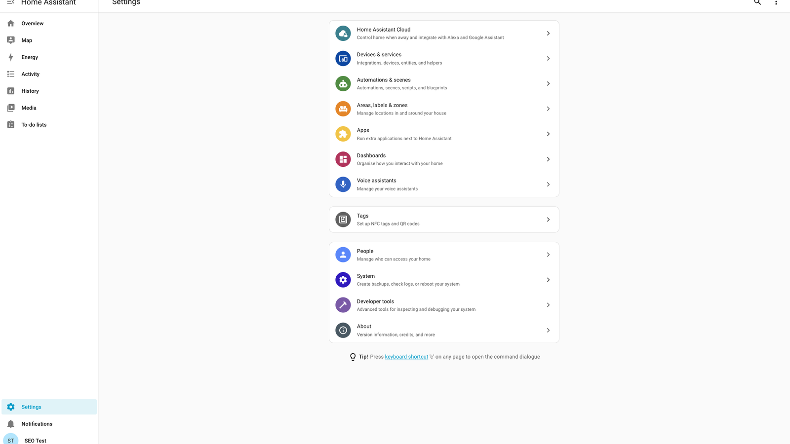 Home Assistant Container Settings page showing the Apps entry alongside Devices & services and Dashboards
