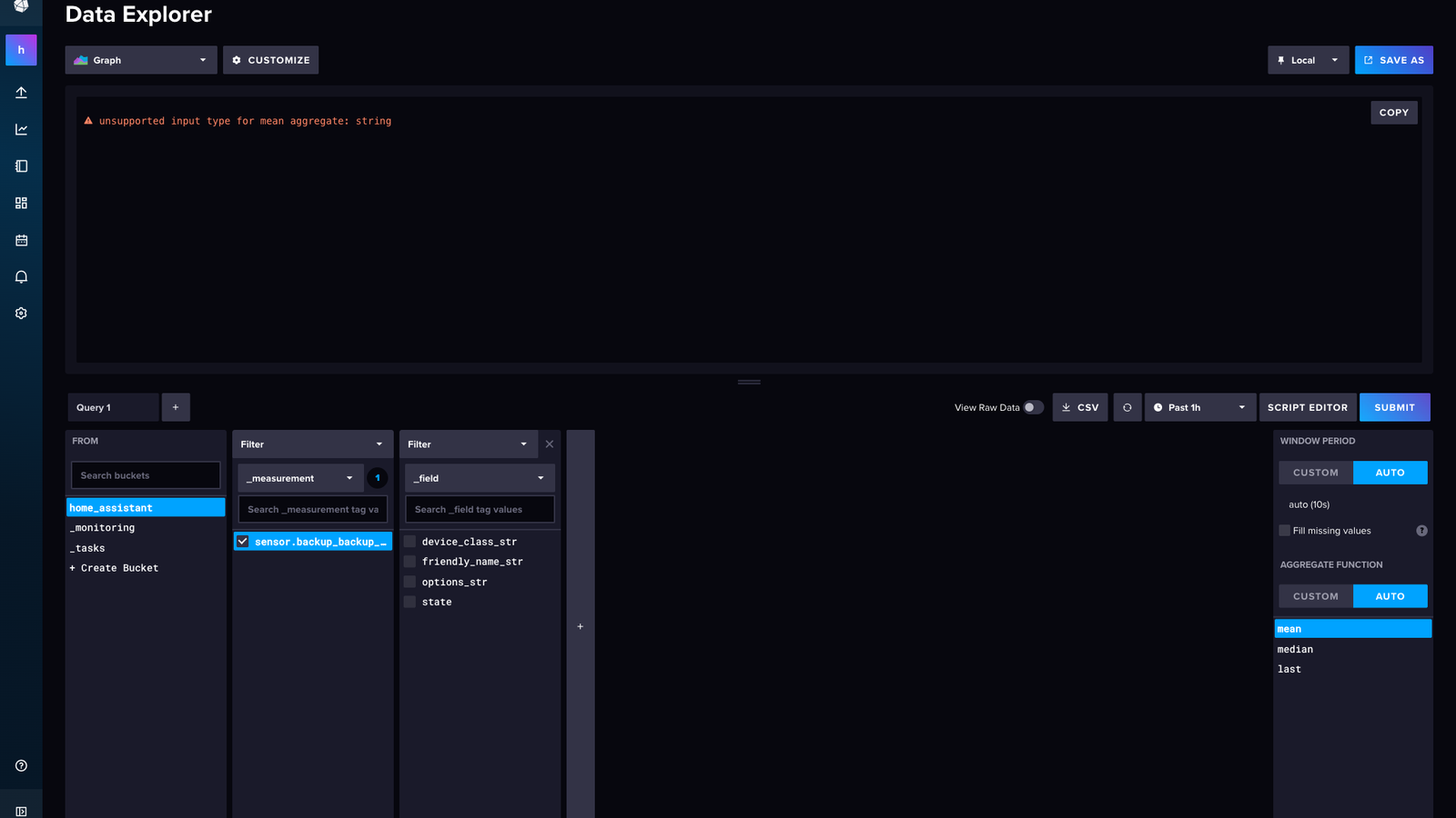 InfluxDB v2 Data Explorer showing a real Home Assistant sensor state written into the home_assistant bucket