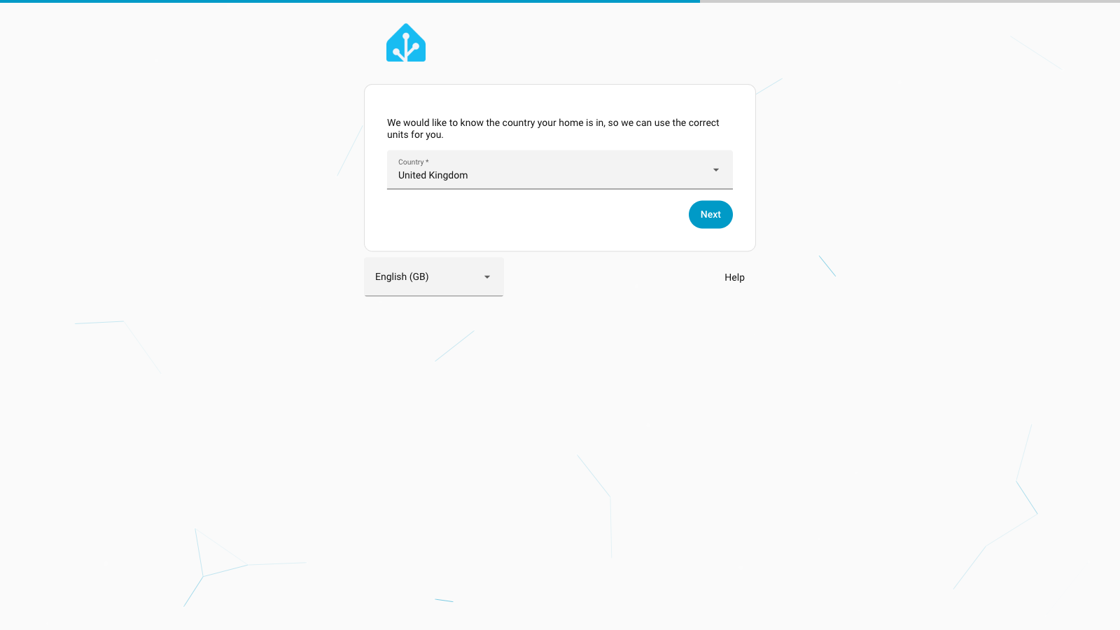 Home Assistant onboarding showing United Kingdom pre-selected as the country