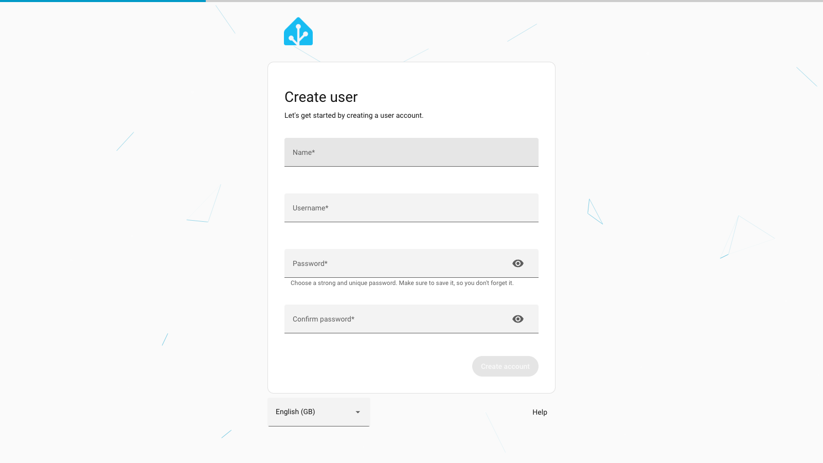 Home Assistant create user screen showing name, username and password fields during initial setup