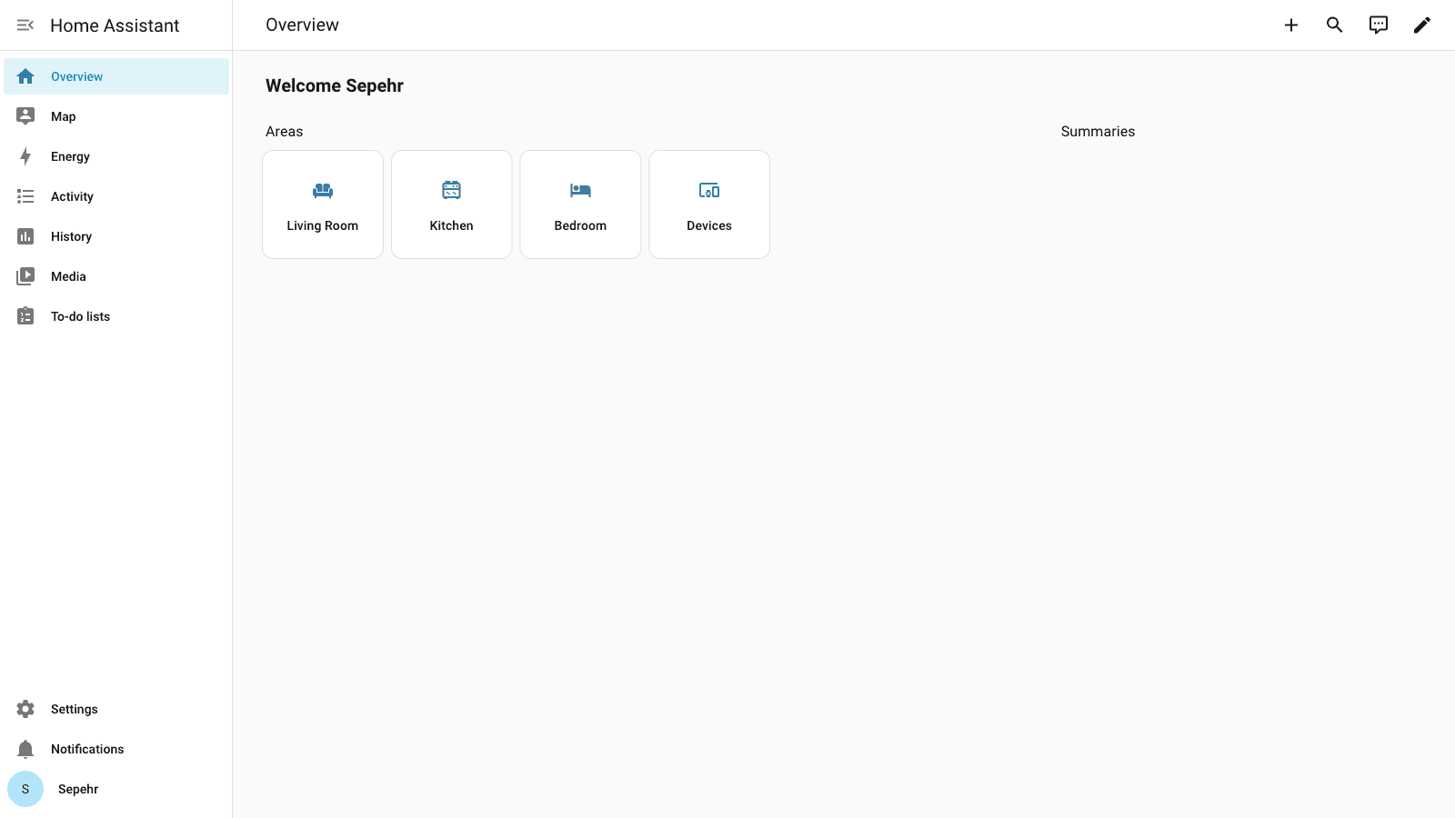 Home Assistant Overview dashboard immediately after onboarding, showing default Areas cards for Living Room, Kitchen, Bedroom and Devices