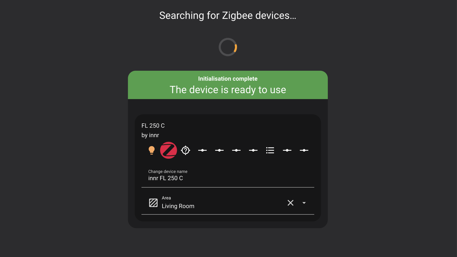 Home Assistant ZHA add device screen showing the Innr FL 250 C paired and ready to use