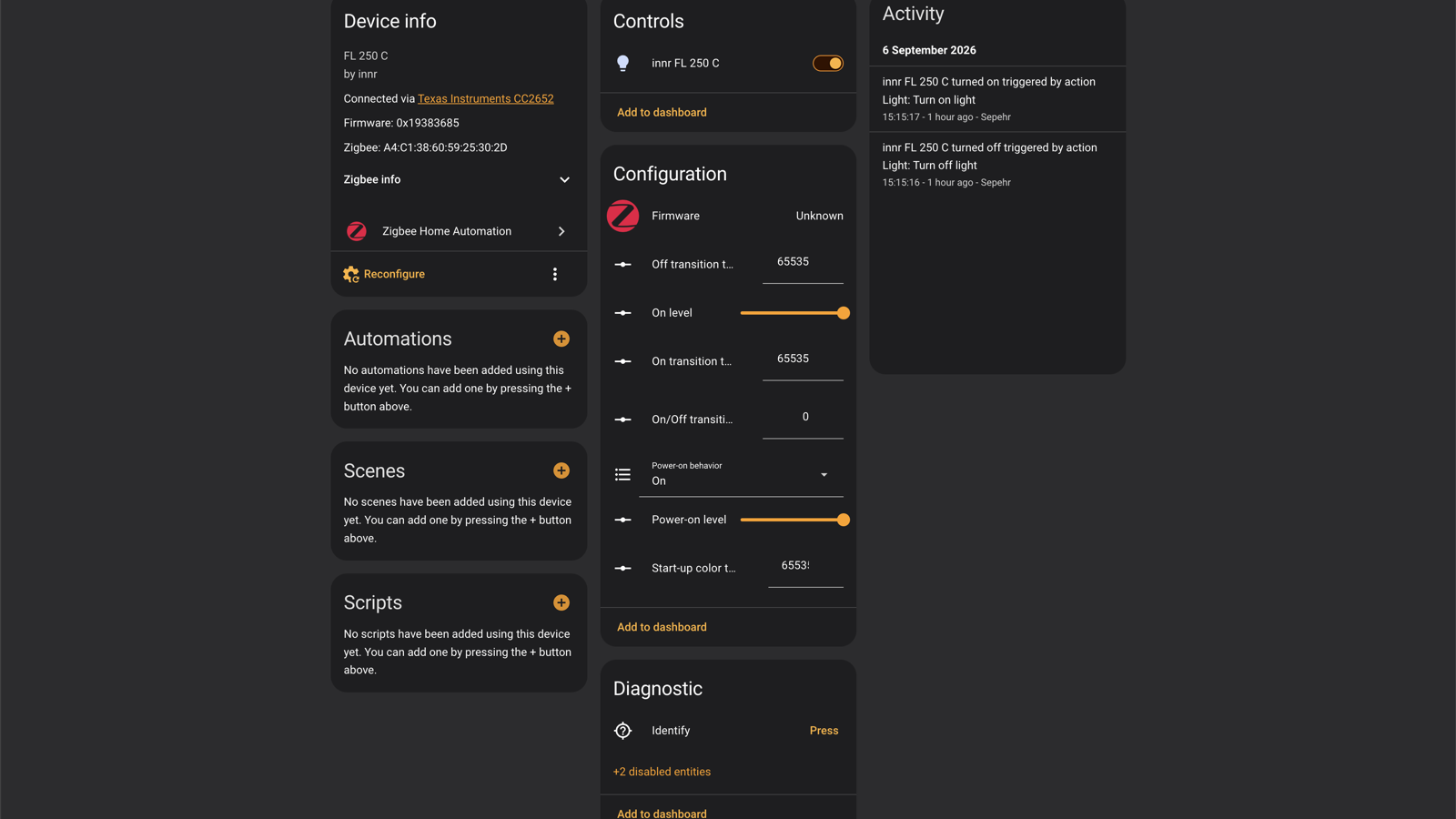 Home Assistant device page for the Innr FL 250 C showing controls, ZHA configuration entities, and activity log