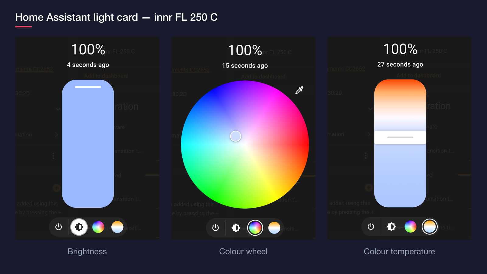 Home Assistant more-info dialog for the Innr FL 250 C showing the brightness, colour wheel, and colour temperature tabs side by side