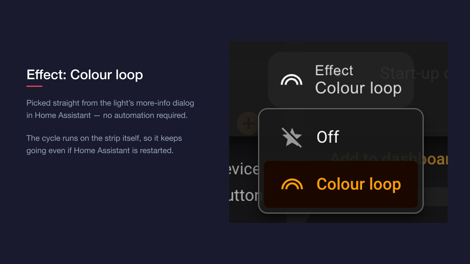 Home Assistant effect picker for the Innr FL 250 C with the Colour loop effect selected