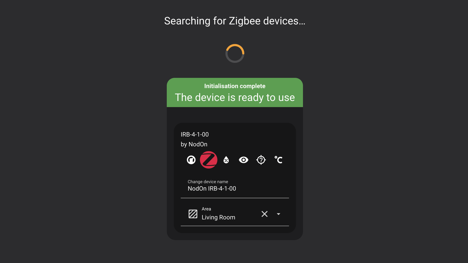 NodOn IRB-4-1-00 pairing successfully with Home Assistant via ZHA, showing Initialisation complete
