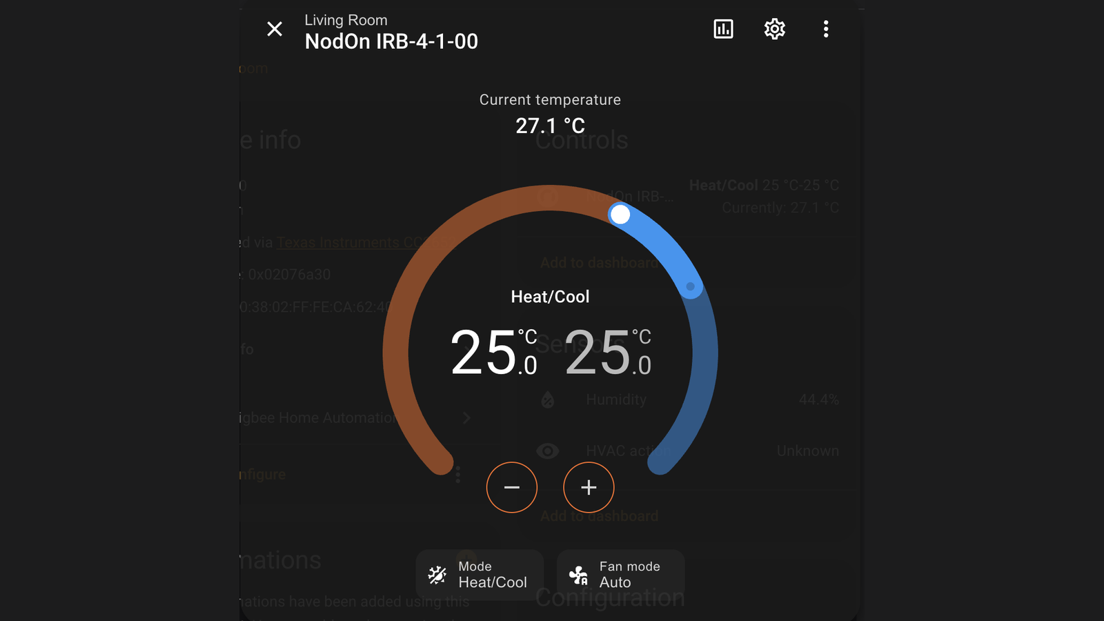 NodOn IRB-4-1-00 climate control card in the Home Assistant app showing Heat/Cool mode and temperature setpoints