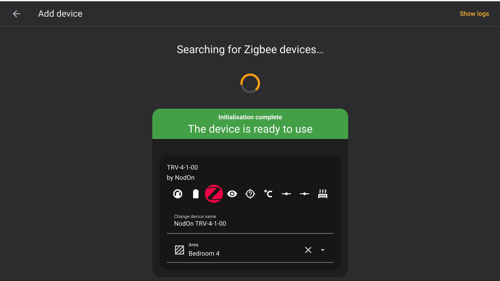 NodOn TRV-4-1-00 pairing successfully with Home Assistant via ZHA