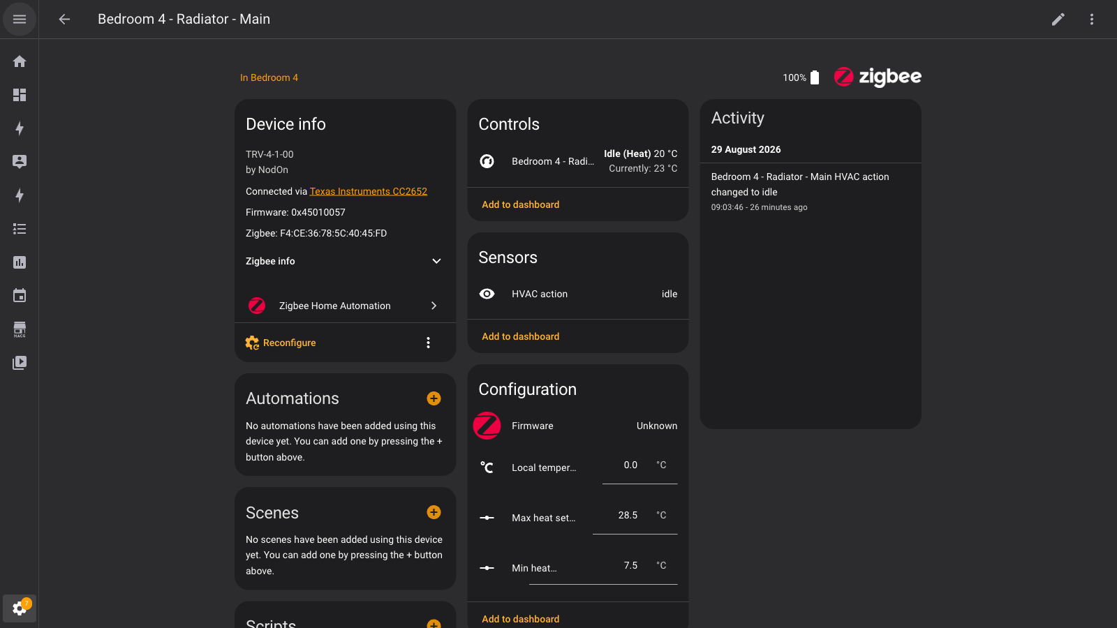 NodOn TRV-4-1-00 device page in Home Assistant showing ZHA entities and configuration