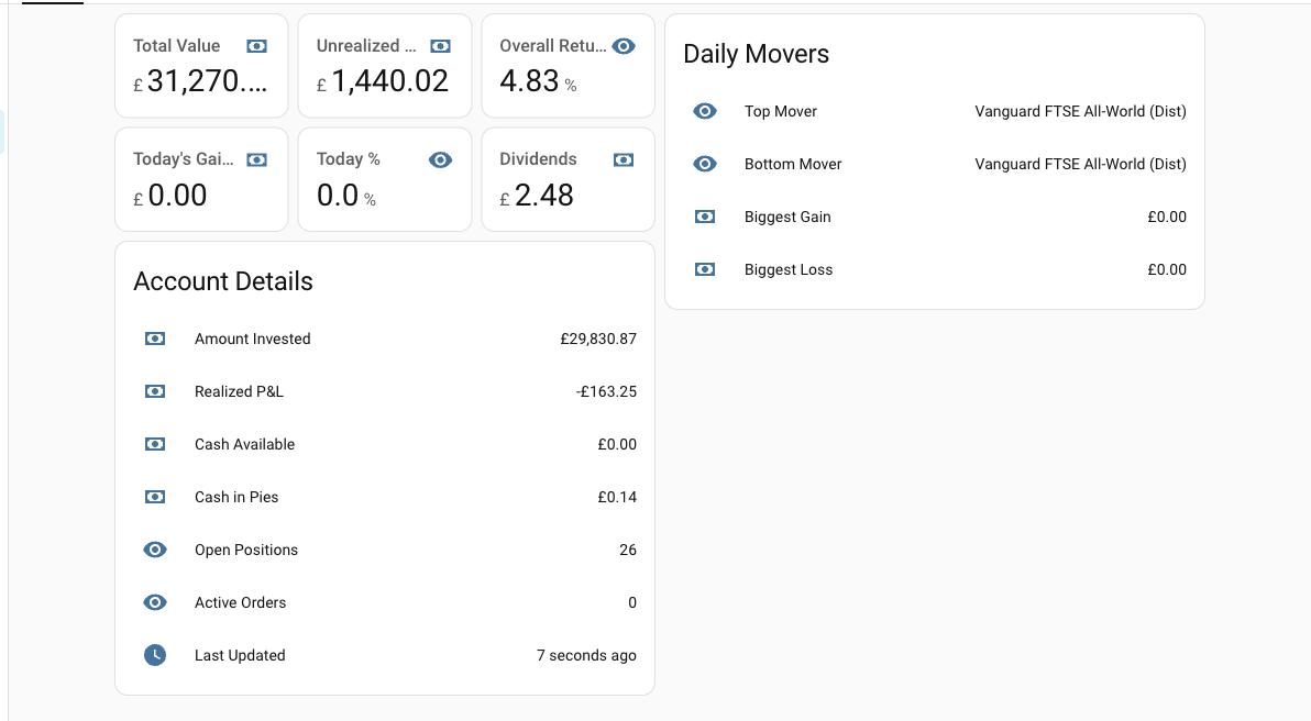 Trading212 Home Assistant dashboard using built-in cards — default style